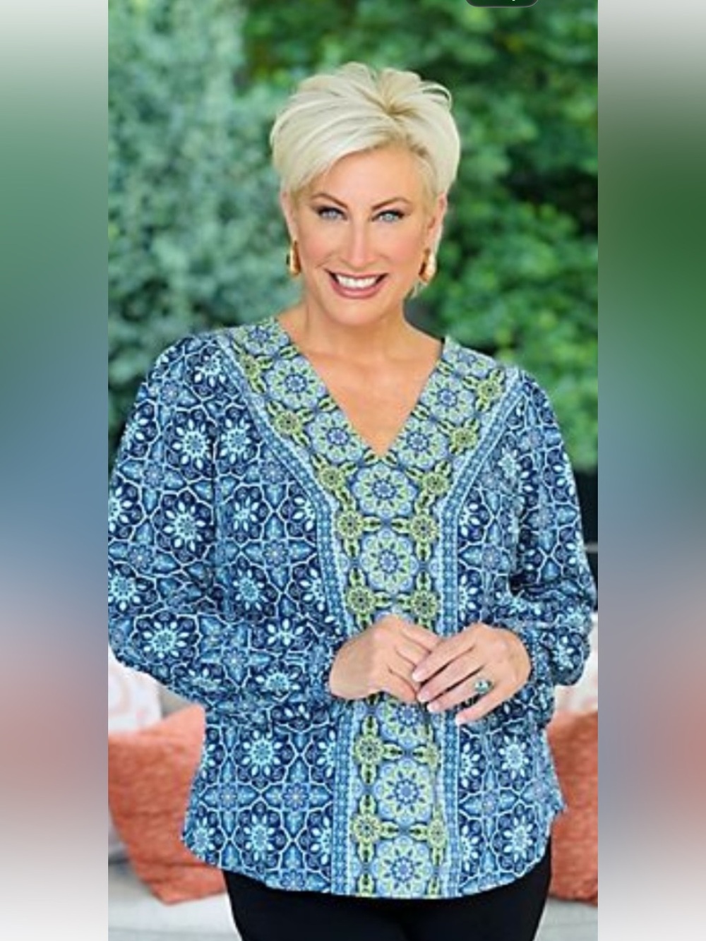 Belle Boho by Kim Gravel Blue Floral V-Neck Blouse with Lime Trim
